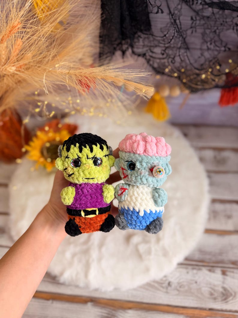 Halloween Crochet Decor, Frankenstein and Zombie, Spooky Amigurumi Figure Set