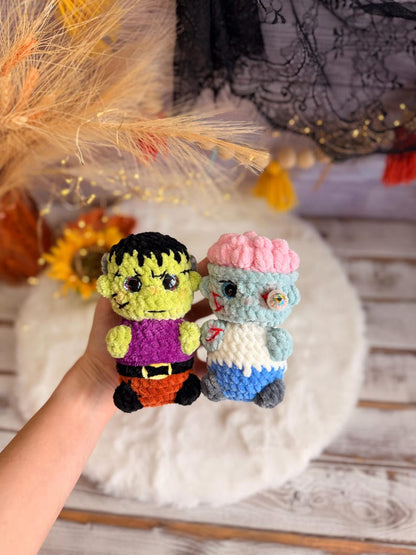 Halloween Crochet Decor, Frankenstein and Zombie, Spooky Amigurumi Figure Set