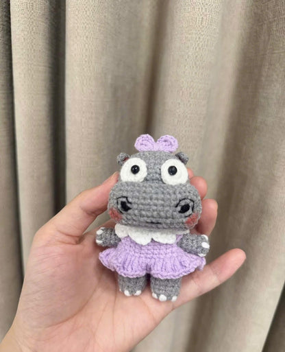 Crochet Hippo Plushie, Cute Amigurumi Hippopotamus Doll, Handmade Purple Dress Animal Toy, Kawaii Nursery Decor, Baby Shower Gift
