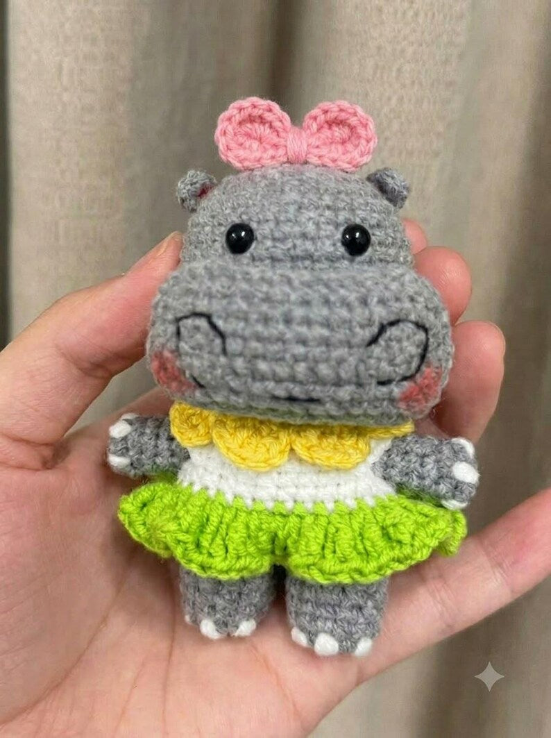 Crochet Hippo Plushie, Cute Amigurumi Hippopotamus Doll, Handmade Purple Dress Animal Toy, Kawaii Nursery Decor, Baby Shower Gift