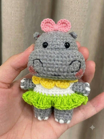 Crochet Hippo Plushie, Cute Amigurumi Hippopotamus Doll, Handmade Purple Dress Animal Toy, Kawaii Nursery Decor, Baby Shower Gift
