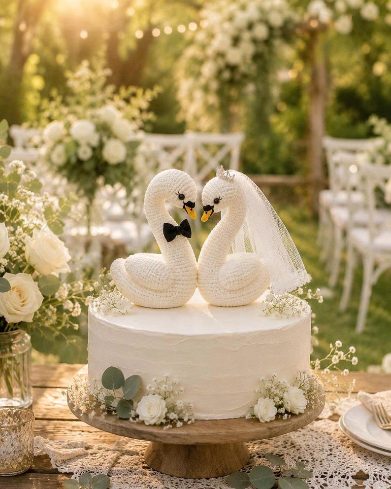 Crochet Swan Wedding Cake Topper, Bride and Groom Swan Couple, Handmade Amigurumi Wedding Decor, Rustic Wedding Gift, Wedding Keepsake