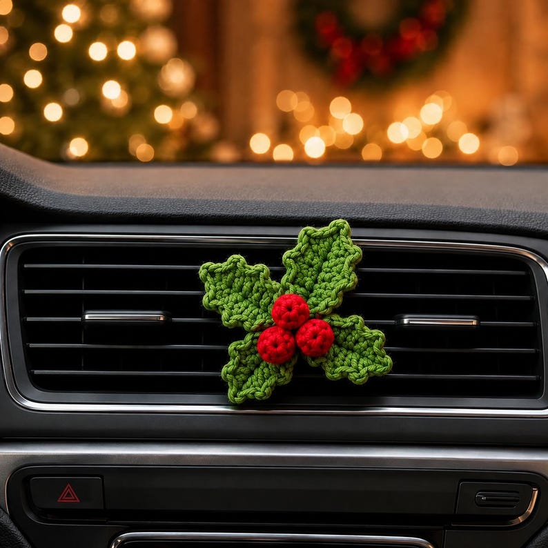 Crochet Christmas Car Vent Charm, Holiday Car Decor, Handmade Vent Clip, Christmas Ornament, Stocking Wreath Candy Cane Gift