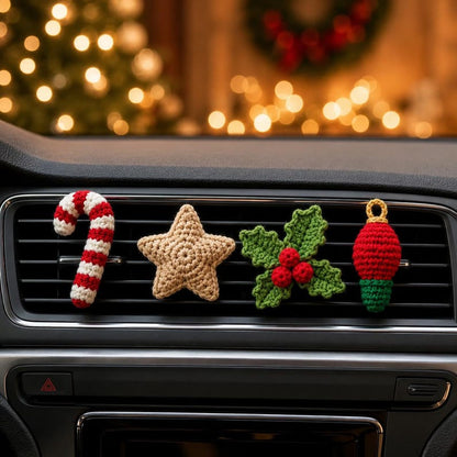 Crochet Christmas Car Vent Charm, Holiday Car Decor, Handmade Vent Clip, Christmas Ornament, Stocking Wreath Candy Cane Gift
