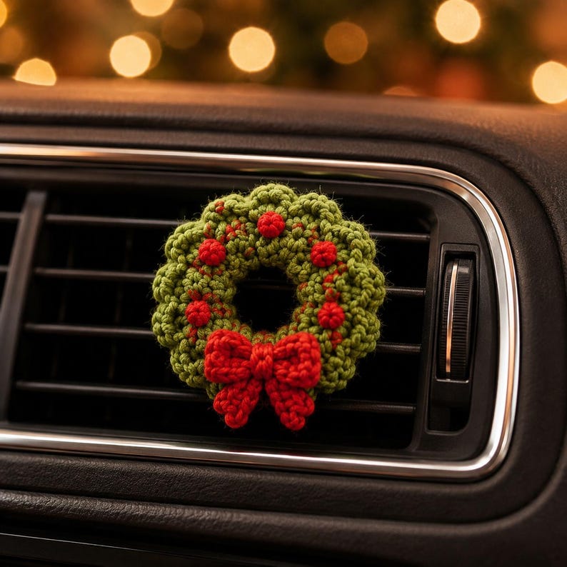 Crochet Christmas Car Vent Charm, Holiday Car Decor, Handmade Vent Clip, Christmas Ornament, Stocking Wreath Candy Cane Gift
