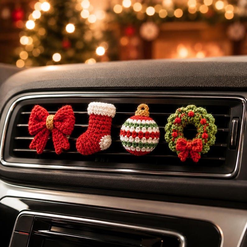 Crochet Christmas Car Vent Charm, Holiday Car Decor, Handmade Vent Clip, Christmas Ornament, Stocking Wreath Candy Cane Gift