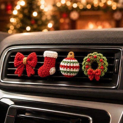 Crochet Christmas Car Vent Charm, Holiday Car Decor, Handmade Vent Clip, Christmas Ornament, Stocking Wreath Candy Cane Gift