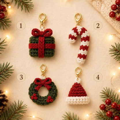 Crochet Christmas Dog Collar Charm, Pet Collar Accessory, Candy Cane Wreath Santa Hat Gift Charm, Handmade Holiday Dog Gift