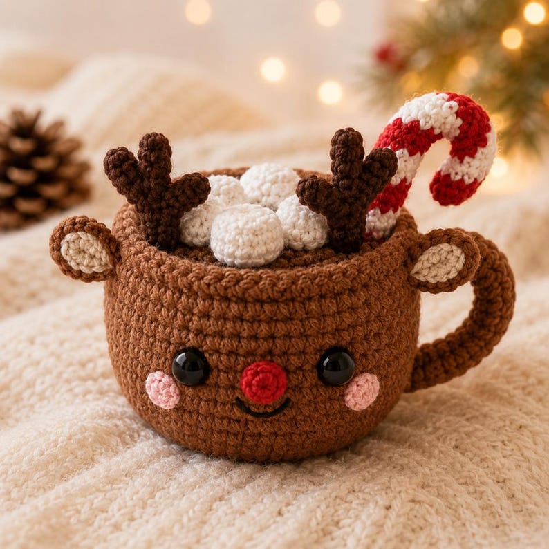 Crochet Christmas Mug Plush, Holiday Cup Decor, Elf Penguin Reindeer Snowman, Gingerbread Christmas Gift, Winter Home Decor
