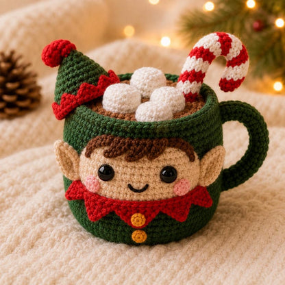 Crochet Christmas Mug Plush, Holiday Cup Decor, Elf Penguin Reindeer Snowman, Gingerbread Christmas Gift, Winter Home Decor