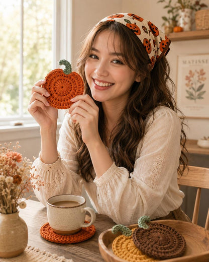 Crochet Pumpkin Coaster Set, Handmade Fall Mug Rug, Autumn Coffee Table Decor, Thanksgiving Gift, Farmhouse Kitchen Coasters, Housewarming