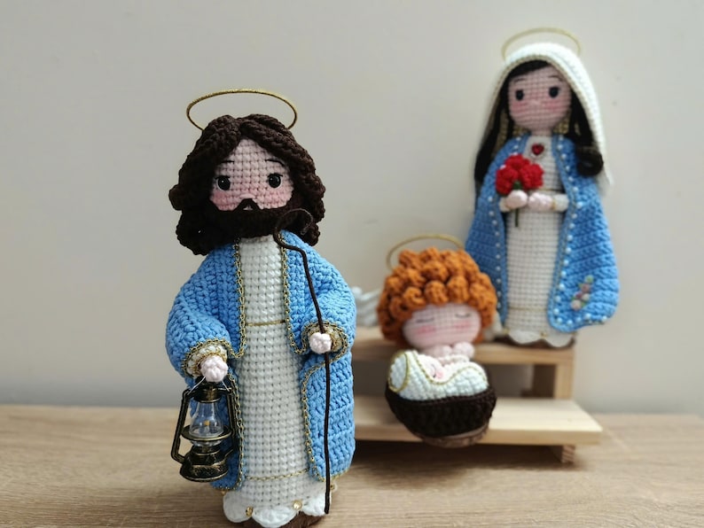 Crochet Holy Family Nativity Set, Handmade Religious Figurine Decor, St Joseph Virgin Mary Baby Jesus Gift, Christian Home Decor