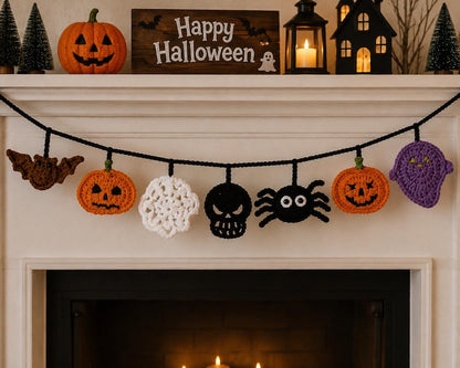 Crochet Halloween Garland, Spooky Mantel Banner, Pumpkin Ghost Bat Spider Decor, Handmade Fireplace Hanging for Halloween Party backdrops