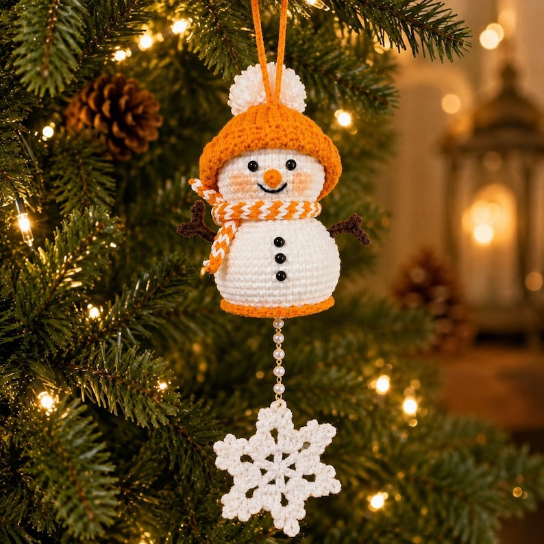 Crochet Snowman Ornament, Christmas Tree Hanging Decor, Handmade Winter Keepsake, Handmade Gift, Stocking Stuffer Gift for Her,Friend Gift
