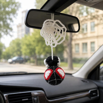 Crochet Spider Hero Car Mirror Hanging | Handmade Amigurumi Superhero Car Charm, Rearview Mirror Ornament, Gift for Comic Fans