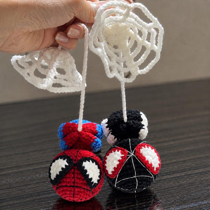 Crochet Spider Hero Car Mirror Hanging | Handmade Amigurumi Superhero Car Charm, Rearview Mirror Ornament, Gift for Comic Fans