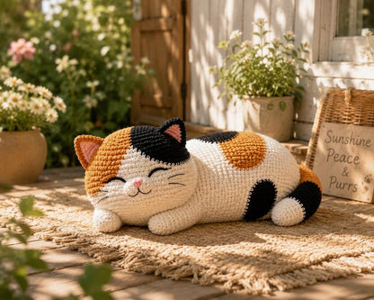Crochet Calico Cat Plush, Handmade Sleeping Cat Amigurumi, Chubby Cat Stuffed Animal, Cat Lover Gift, Cozy Home Decor, Cute Kitty Gift