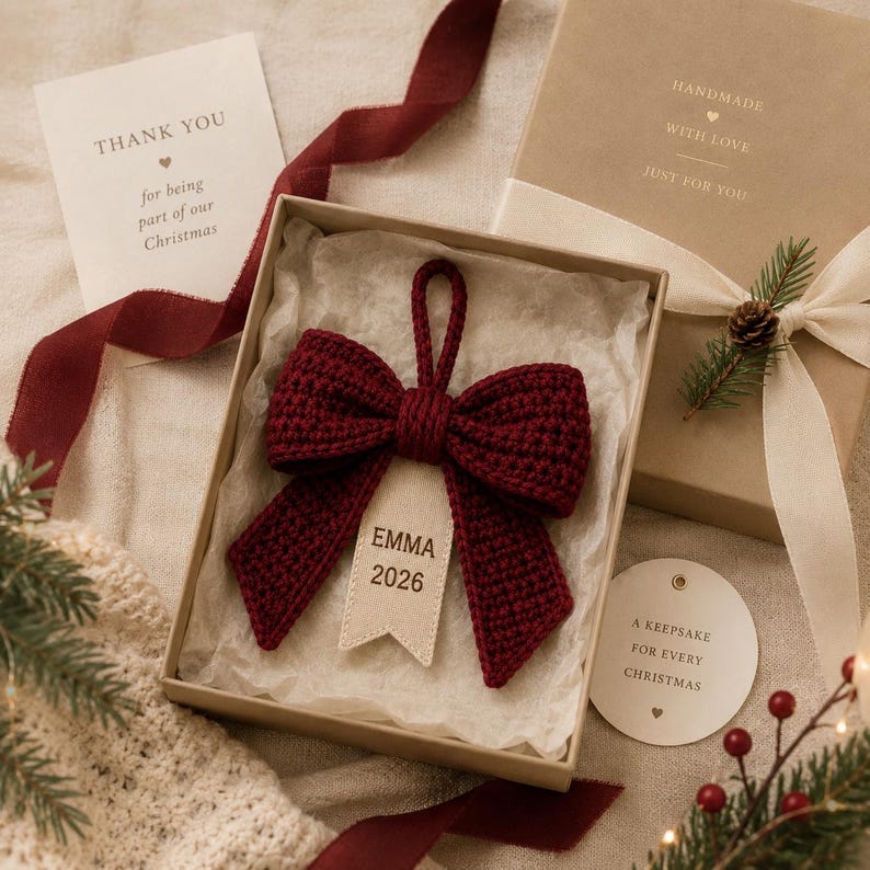 Personalized Crochet Bow Ornament, Custom Name Christmas Ornament, 2026 Christmas Keepsake, Handmade Bow Tree Decor, Family Holiday Gift