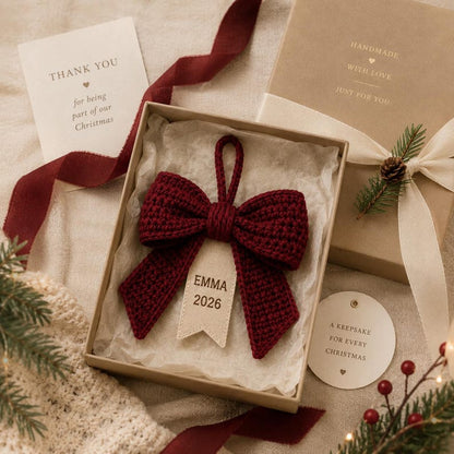 Personalized Crochet Bow Ornament, Custom Name Christmas Ornament, 2026 Christmas Keepsake, Handmade Bow Tree Decor, Family Holiday Gift