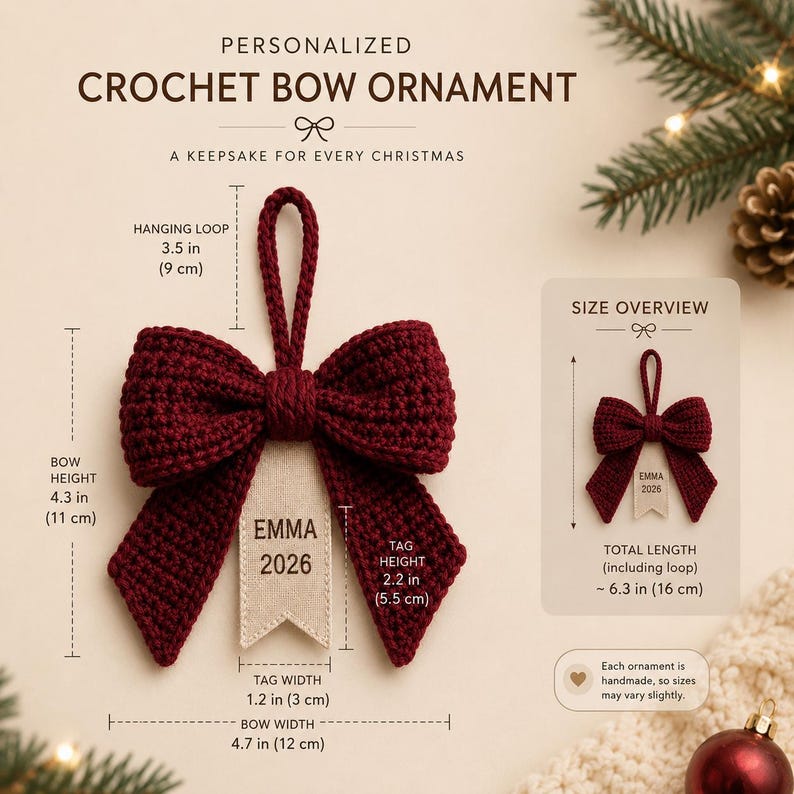 Personalized Crochet Bow Ornament, Custom Name Christmas Ornament, 2026 Christmas Keepsake, Handmade Bow Tree Decor, Family Holiday Gift