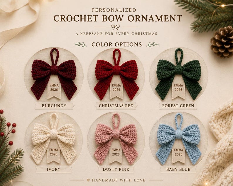 Personalized Crochet Bow Ornament, Custom Name Christmas Ornament, 2026 Christmas Keepsake, Handmade Bow Tree Decor, Family Holiday Gift
