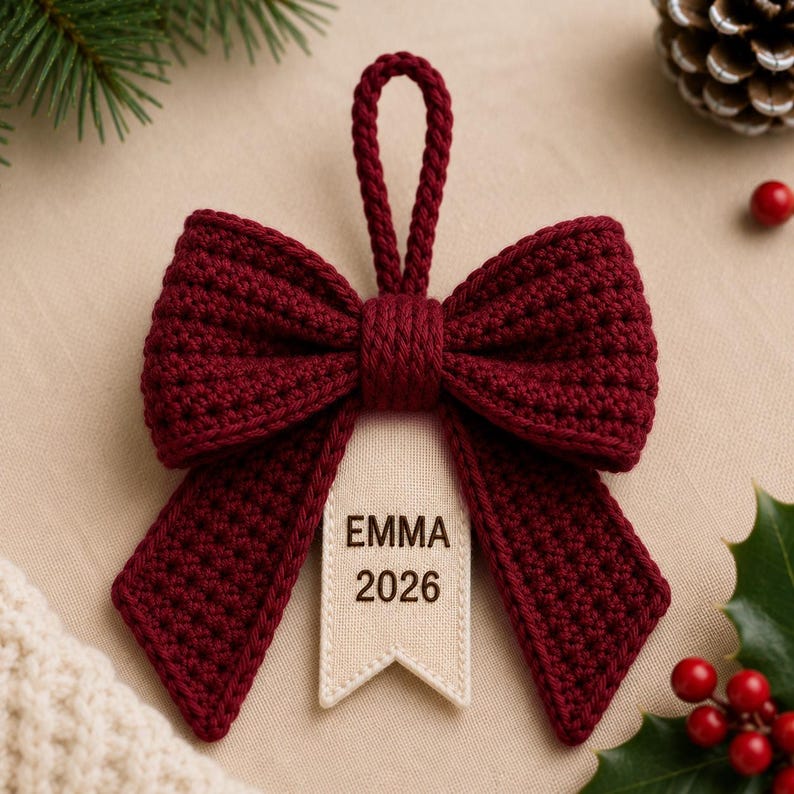 Personalized Crochet Bow Ornament, Custom Name Christmas Ornament, 2026 Christmas Keepsake, Handmade Bow Tree Decor, Family Holiday Gift