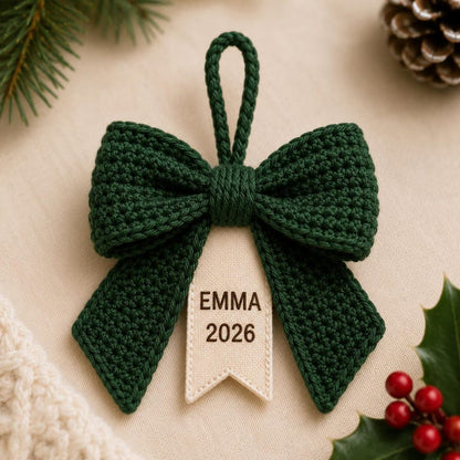 Personalized Crochet Bow Ornament, Custom Name Christmas Ornament, 2026 Christmas Keepsake, Handmade Bow Tree Decor, Family Holiday Gift