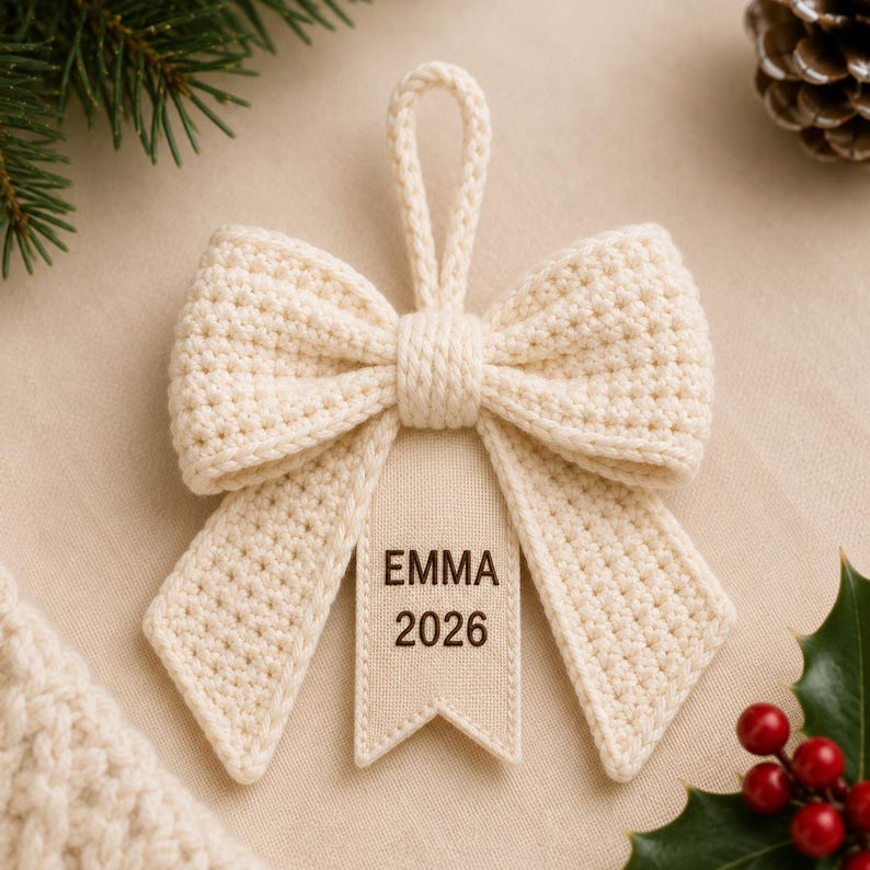 Personalized Crochet Bow Ornament, Custom Name Christmas Ornament, 2026 Christmas Keepsake, Handmade Bow Tree Decor, Family Holiday Gift