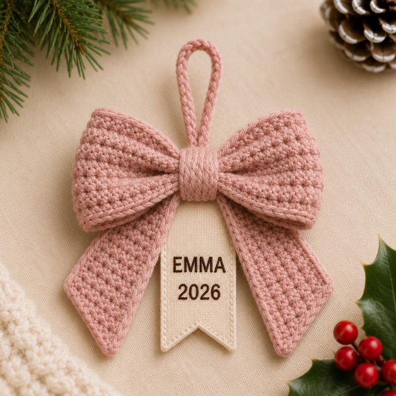 Personalized Crochet Bow Ornament, Custom Name Christmas Ornament, 2026 Christmas Keepsake, Handmade Bow Tree Decor, Family Holiday Gift