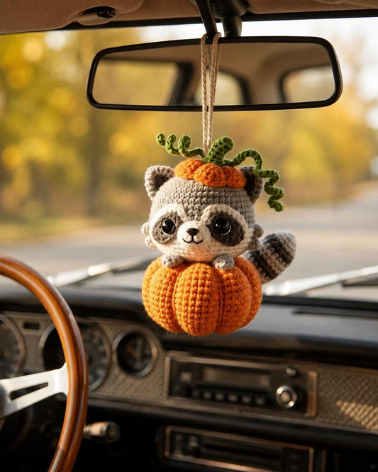 Cute Chubby Pumpkin Raccoon Crochet Car Hanging Accessory, Halloween Rearview Mirror Charm, Cute Raccoon Car Decor, Spooky Gift for Driver