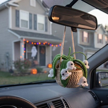 Handmade Crochet Ghost Car Charm with Mini Plant and Spooky Amigurumi Ghosts