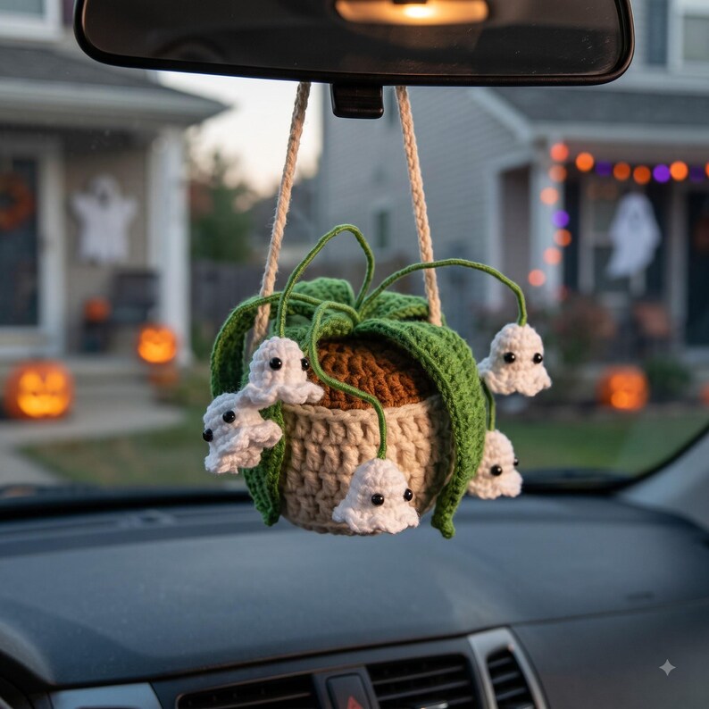 Handmade Crochet Ghost Car Charm with Mini Plant and Spooky Amigurumi Ghosts