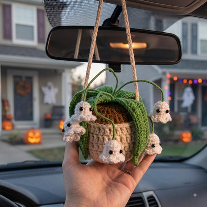 Handmade Crochet Ghost Car Charm with Mini Plant and Spooky Amigurumi Ghosts