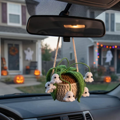 Handmade Crochet Ghost Car Charm with Mini Plant and Spooky Amigurumi Ghosts