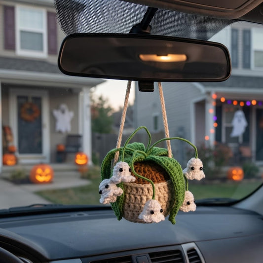 Handmade Crochet Ghost Car Charm with Mini Plant and Spooky Amigurumi Ghosts