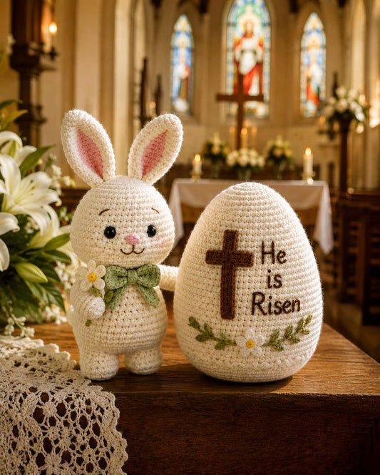 Crochet Easter Bunny and He Is Risen Egg, Christian Easter Decor, Handmade Religious Amigurumi, Resurrection Gift, Faith Easter Gift