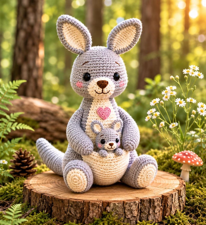 Crochet Kangaroo with Baby, Handmade Kangaroo Amigurumi, Mother and Baby Plush, Australian Animal Gift, Nursery Decor, Baby Shower Gift
