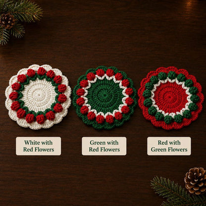 Christmas Wreath Crochet Coaster Set, Handmade Holiday Mug Rug, Table Decor, Housewarming Xmas Gift