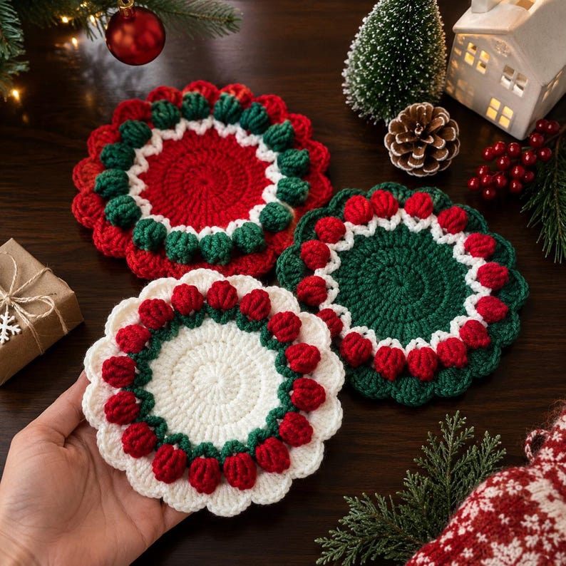 Christmas Wreath Crochet Coaster Set, Handmade Holiday Mug Rug, Table Decor, Housewarming Xmas Gift