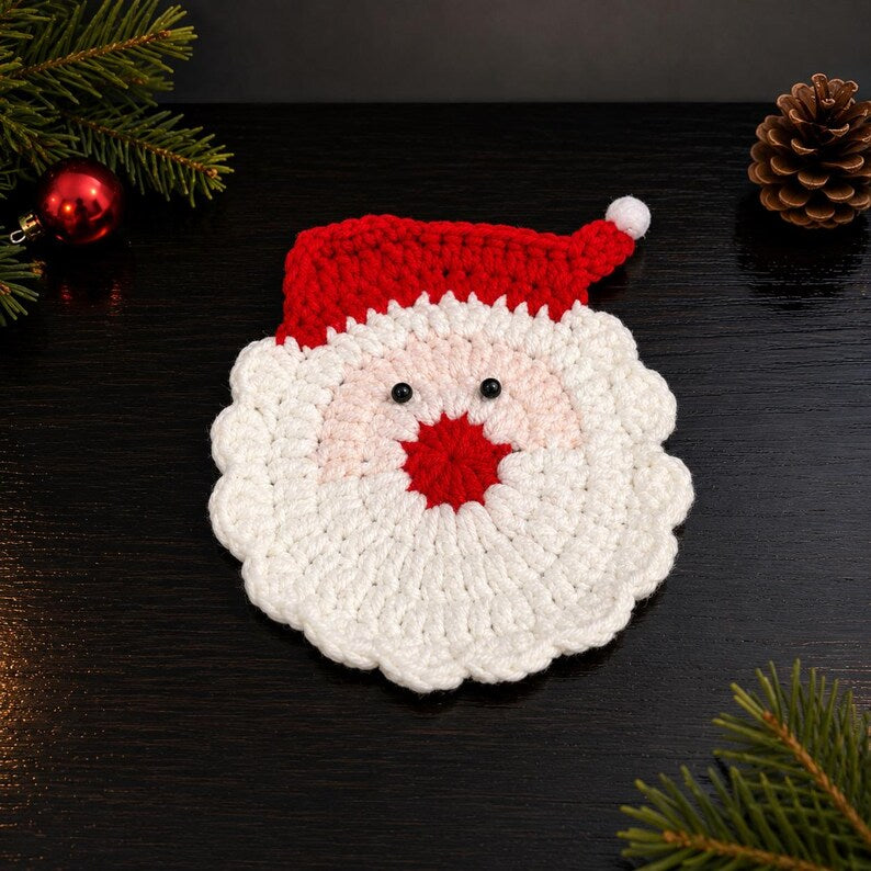 Crochet Christmas Coaster Set, Santa Wreath Candy Cane Star Bear, Handmade Holiday Mug Rug, Christmas Table Decor, Housewarming Gift for Her