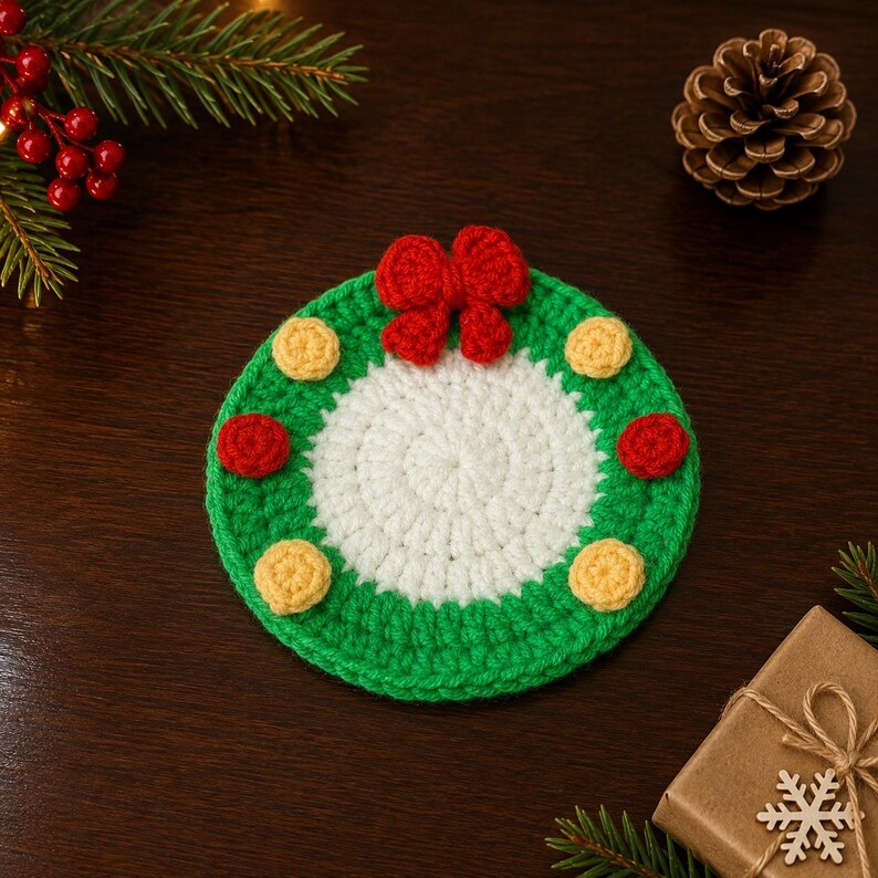 Crochet Christmas Coaster Set, Santa Wreath Candy Cane Star Bear, Handmade Holiday Mug Rug, Christmas Table Decor, Housewarming Gift for Her