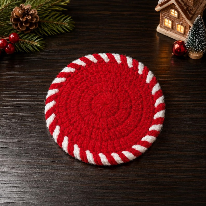 Crochet Christmas Coaster Set, Santa Wreath Candy Cane Star Bear, Handmade Holiday Mug Rug, Christmas Table Decor, Housewarming Gift for Her