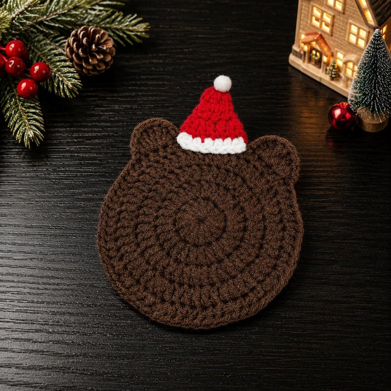 Crochet Christmas Coaster Set, Santa Wreath Candy Cane Star Bear, Handmade Holiday Mug Rug, Christmas Table Decor, Housewarming Gift for Her