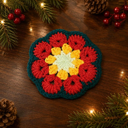Crochet Christmas Coaster Set, Santa Wreath Candy Cane Star Bear, Handmade Holiday Mug Rug, Christmas Table Decor, Housewarming Gift for Her