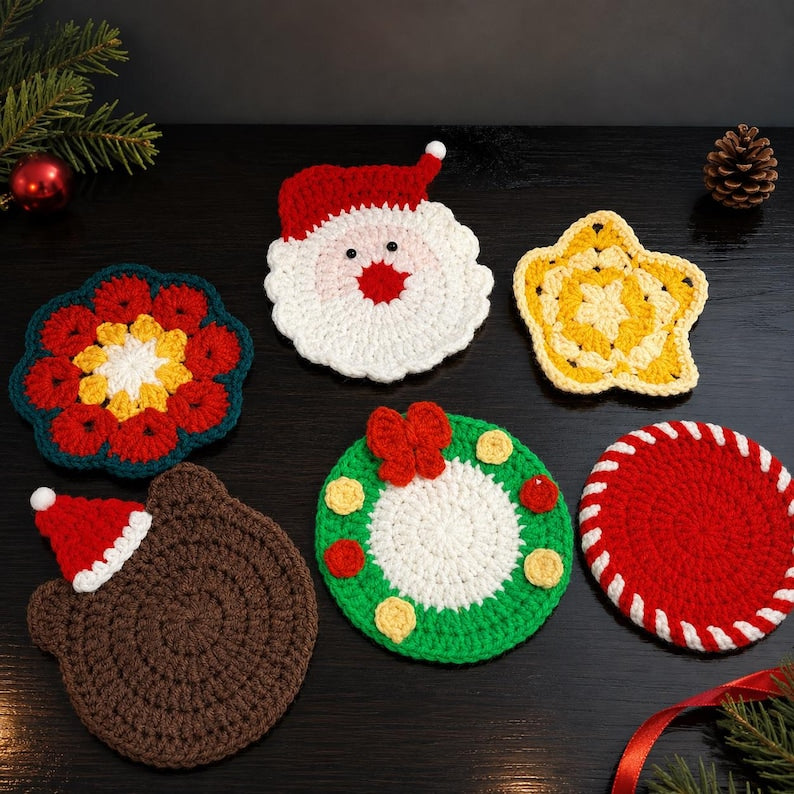 Crochet Christmas Coaster Set, Santa Wreath Candy Cane Star Bear, Handmade Holiday Mug Rug, Christmas Table Decor, Housewarming Gift for Her