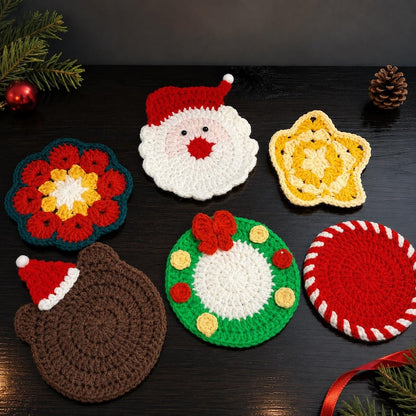 Crochet Christmas Coaster Set, Santa Wreath Candy Cane Star Bear, Handmade Holiday Mug Rug, Christmas Table Decor, Housewarming Gift for Her