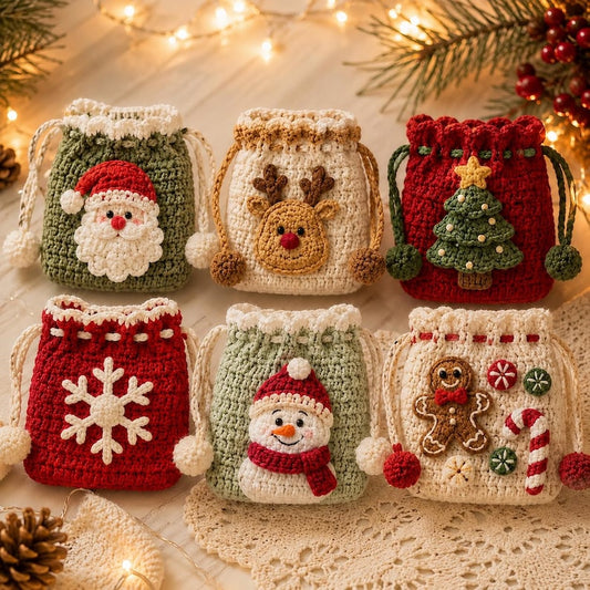 Crochet Christmas Gift Bag, Holiday Drawstring Pouch, Santa Snowman Reindeer Pouch, Gingerbread Gift Bag, Stocking Stuffer