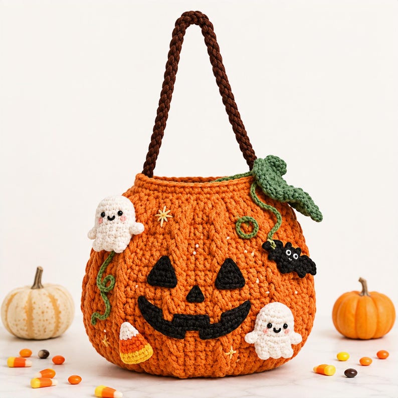 Handmade Crochet Halloween Pumpkin Candy Bag, Kids Trick or Treat Bag, Witch Hat Pumpkin Purse, Halloween Gift for Children