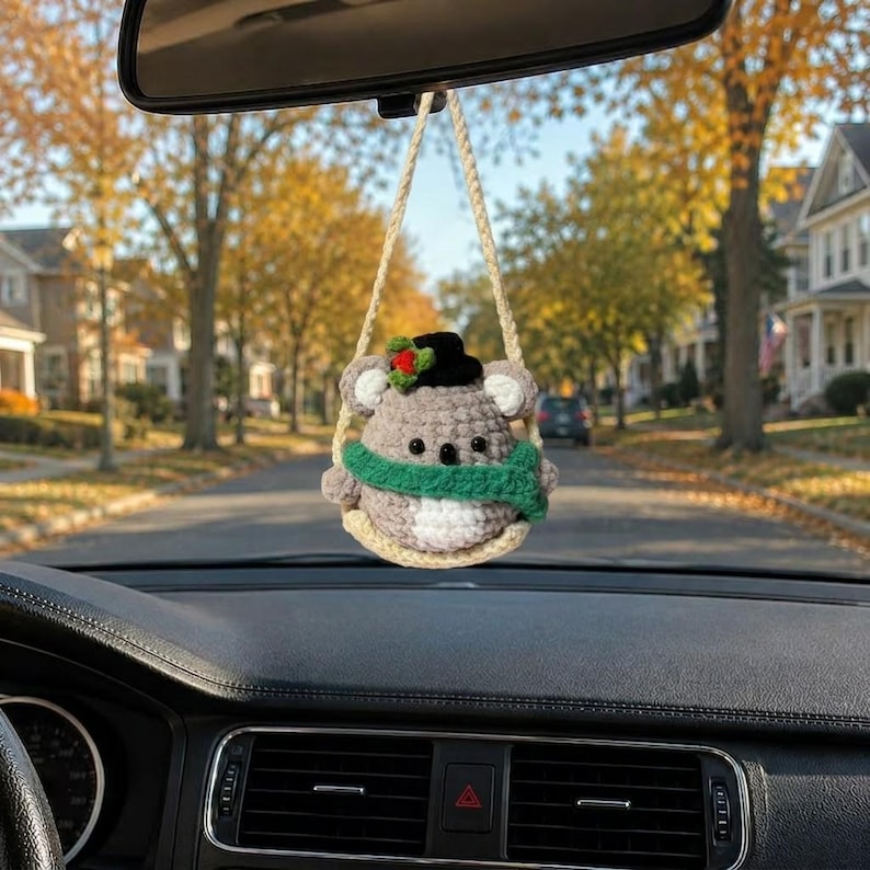 Crochet Koala Car Hanging, Christmas Car Decor, Cute Koala Rearview Mirror Charm, Handmade Animal Ornament, Holiday Gift