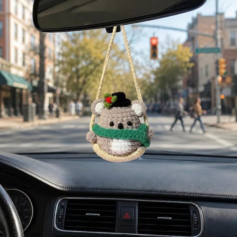 Crochet Koala Car Hanging, Christmas Car Decor, Cute Koala Rearview Mirror Charm, Handmade Animal Ornament, Holiday Gift